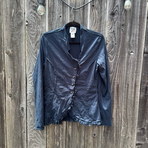 Prairie Underground Navy Blue Button-Down Long Cardigan With Fringe Trim Medium